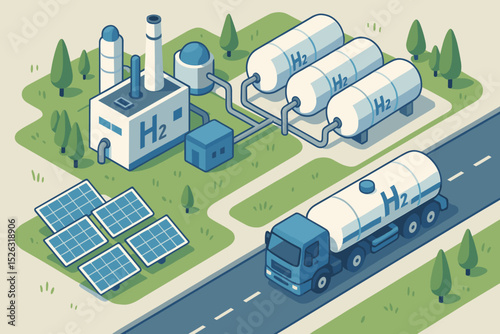 Green hydrogen energy production isometric illustration. H2 plant with solar panels making renewable fuel. Clean energy infrastructure with storage tanks and transport truck vector.