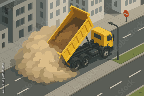 Isometric dump truck unloading sand on a city road, creating a dust cloud. Heavy machinery vehicle for construction and industry. Vector concept of urban transport and work.