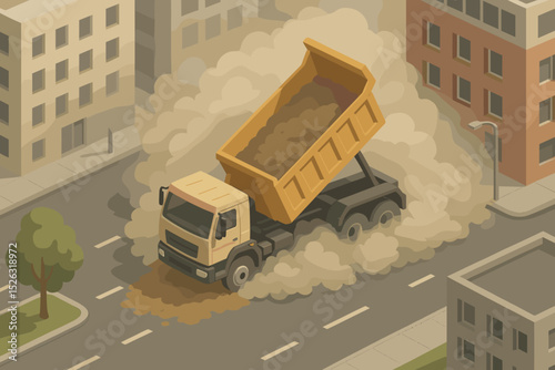 Dump truck unloading soil on a city road, creating a large dust cloud. Isometric vector concept for construction, heavy machinery, transportation, and environmental pollution.