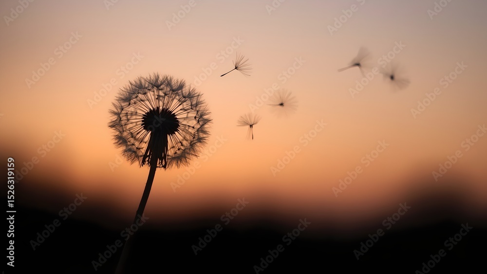 Fototapeta premium Dandelion Seeds Floating at Sunset: Silhouette of a Dandelion Flower with Seeds Blowing in the Wind at Dusk, Nature's Serenity
