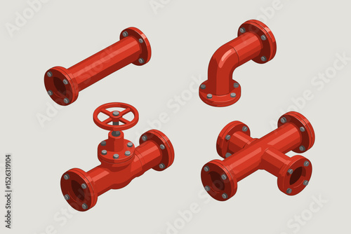 Industrial pipe connection set. Isometric 3D vector illustration of red pipeline parts including gate valve with handwheel, elbow, cross, and straight pipe for oil, gas or fire fighting.