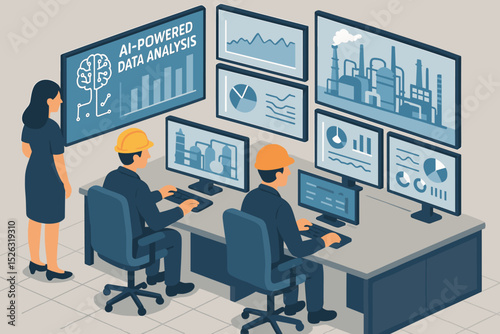 Isometric vector of an industrial control center with engineers working. AI-powered data analysis for smart factory monitoring. Automation, technology, and industry 4.0 concept.