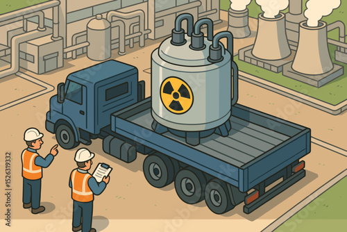 Nuclear power plant logistics with workers inspecting a radioactive reactor on a truck. Isometric vector illustration of atomic energy industry, hazardous material transport & safety.