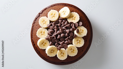 Delicious top view of a freshly baked chocolate banana sponge cake isolated on white background, ideal for bakery advertising, dessert menu design, and food packaging concepts