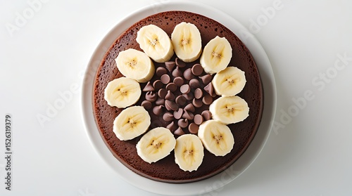 Delicious top view of a freshly baked chocolate banana sponge cake isolated on white background, ideal for bakery advertising, dessert menu design, and food packaging concepts