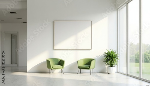 Modern Minimalist Lobby Interior with Green Seats and Large Empty Frame