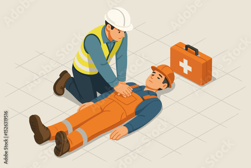 First aid training at a construction site. Worker performing CPR, cardiopulmonary resuscitation, on an unconscious colleague. Workplace safety concept with emergency medical rescue.