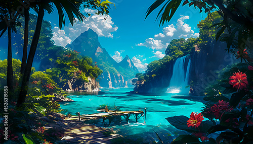 Serene Tropical Island Paradise Turquoise Waters, Lush Greenery, and a Cascading Waterfall