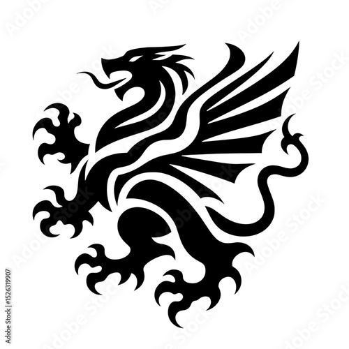 A black silhouette of heraldic formidable griffin, minimalist stroke, abstract stroke modern style, vector, isolated, transparent background  