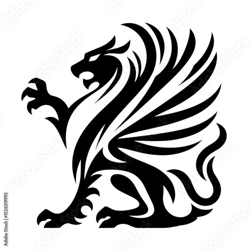 A black silhouette of griffin, heraldic symbol, minimalist stroke, abstract stroke modern style, vector, isolated, transparent background  