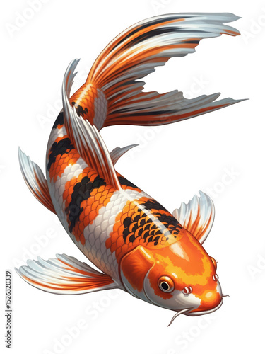 image of a koi fish with orange, white, and black pattern, flowing fins and glossy scales, fully visible in frame, isolated on a transparent background