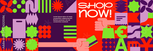 Bold shopping banner with red and purple contrast, geometric patterns, credit card and receipt icons, and stylized shopping hands. "Shop Now!" lettering in large white text.