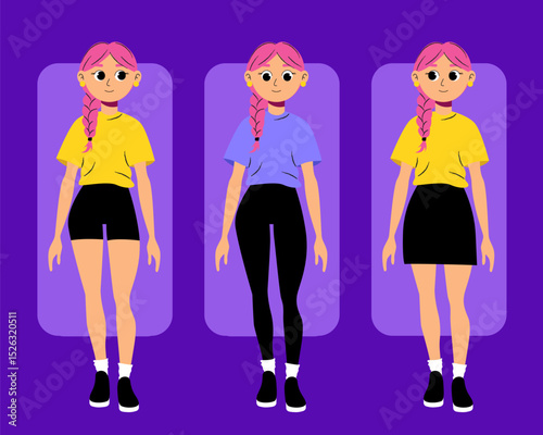 Set of cartoon characters girl with different outfits and poses for animation and design projects