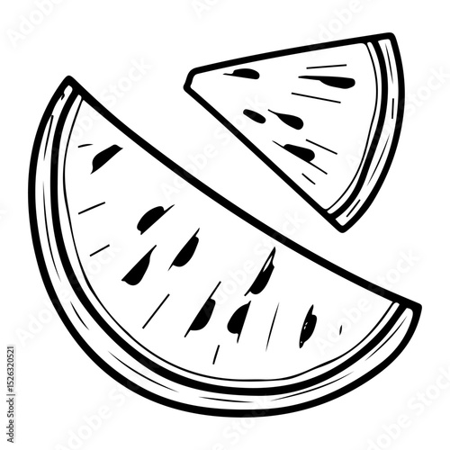 Set watermelon slices. Hand drawn doodle vector. Summer berry. Sweet fruit. Melon agriculture. Seasonal vitamins. Fresh vegetarian food. Ripe dessert pulp with seeds. Illustration line art element.