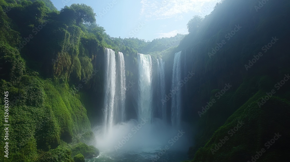 Fototapeta premium Majestic Waterfall Cascading Through Lush Greenery