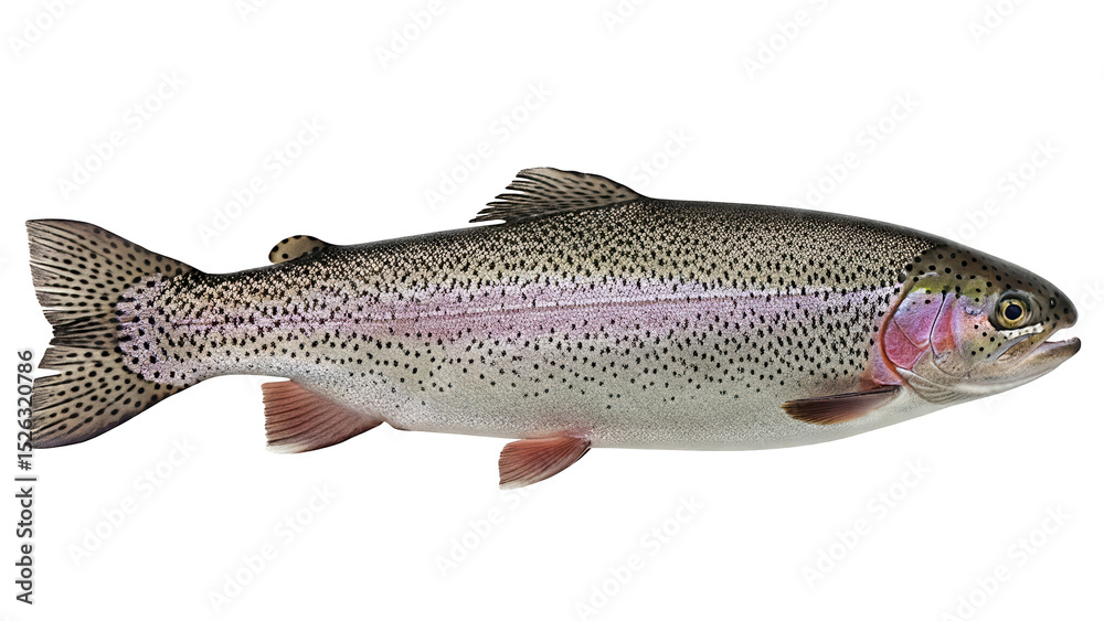 Obraz premium Realistic photo of a rainbow trout with silvery body, pink lateral stripe, and speckled skin, fully visible in frame, isolated on a transparent background