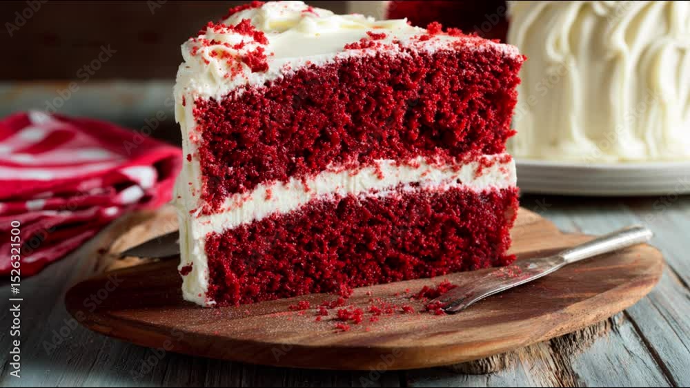 A slice of delicious red velvet cake with cream cheese frosting.