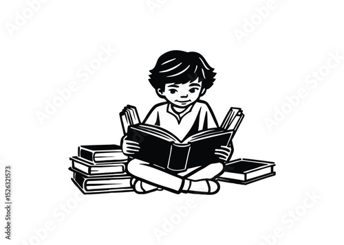 Silhouette of boy studying books isolated on a white background