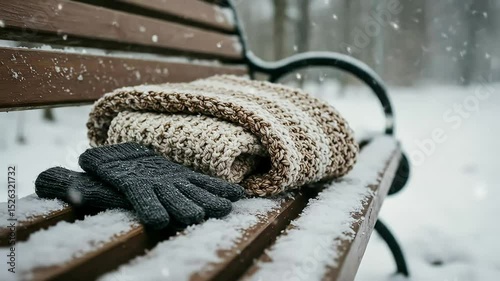 Woolen Gloves and Scarf on Snowy Park Bench with Falling Snow – Cozy Winter Static Loop