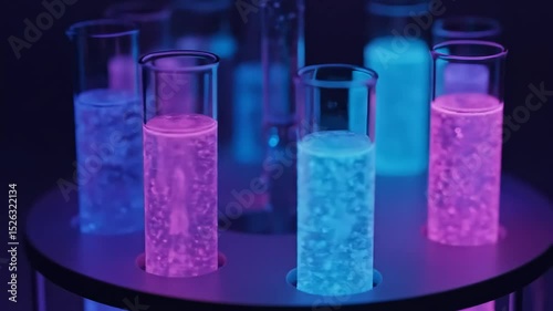 Glowing Liquid Bubbling in Neon Test Tubes – Static Macro Lab Loop with Futuristic Vibe