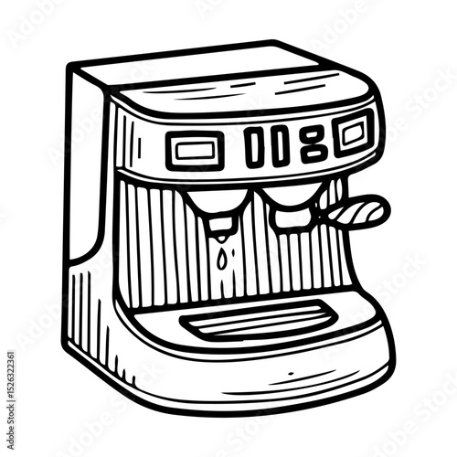 Electric coffee machine. Hand drawn doodle vector. Cafe equipment. Home appliances. Brewing a drink. Beverage espresso, latte, cappuccino. Illustration line art element.