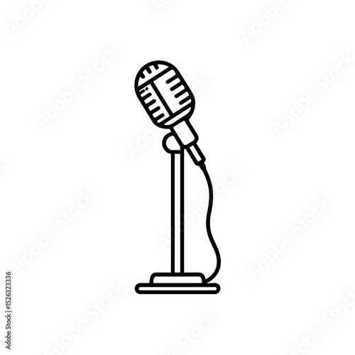 Microphone on stand icon in black line drawing