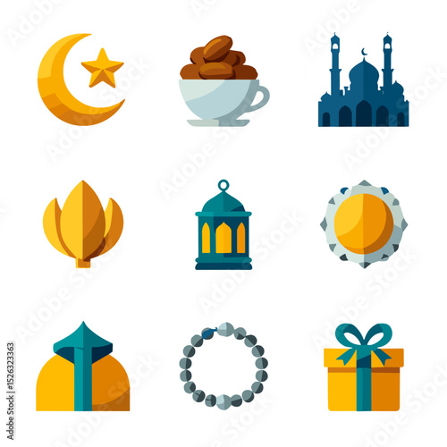 Islamic holiday icons in flat design and bright colors