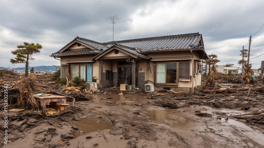 泥に埋もれた住宅と崩れた屋根—災害の爪痕 泥に埋もれた住宅と崩れた屋根—災害の爪痕