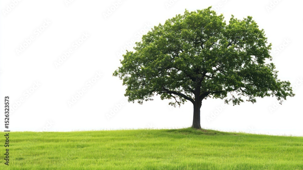 Fototapeta premium Lone tree, green field, white sky, spring, nature, environmental poster