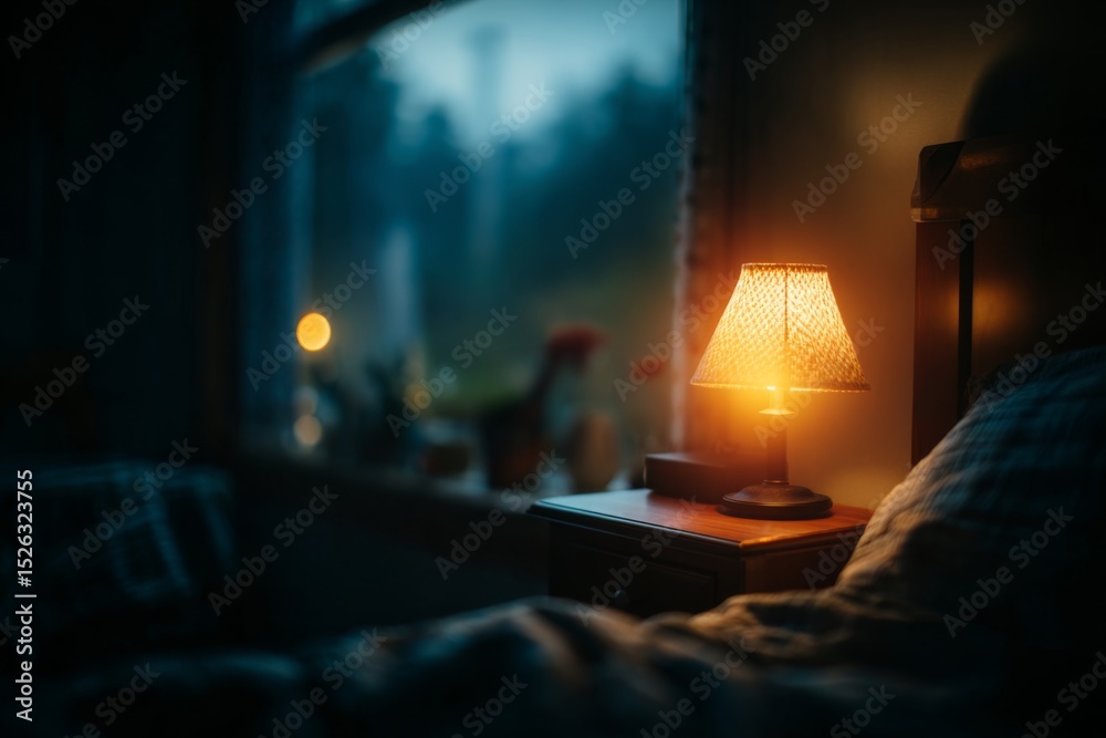 Obraz premium Bedside lamp glowing softly in a dark room creating warm ambient lighting