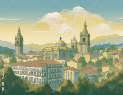 Stylish modern drawing, pop art designed city streets, skyline silhouette of the city of braga, picturesque cityscape with prominent church spires, vintage look, sky is clear and blue.