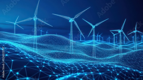 Digital wind farm energy landscape, night, renewable
