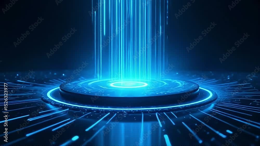 Futuristic platform with glowing blue lines and light beams emitting from above in dark setting