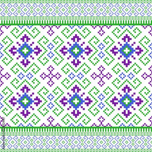  Geometric pixel art pattern. Abstract pixel art geometric pattern design for fabric, carpet, tile, clothing, embroidery, needlepoint and background. Vector pixel art seamless motif Native American. 
