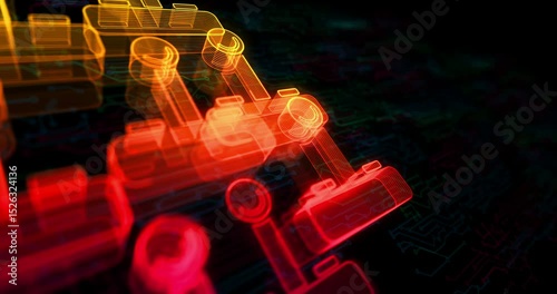 Joystick videogame and gaming hologram symbol appears on a electronic circuit background. Network, cyber technology and computer abstract concept.