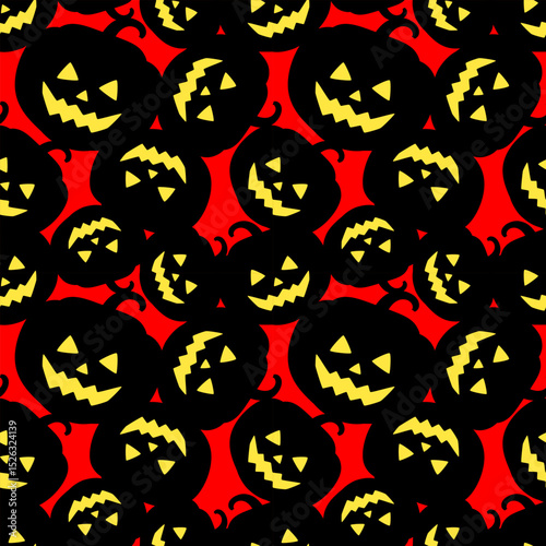 Black silhouettes of pumpkins on a bright red background. Seamless Halloween pattern, print, vector illustration