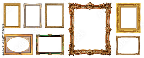 A collection of luxurious vintage golden frames with ornate baroque and rococo designs. For photo decoration, art presentation, certificates, wedding invitations, and classic interior design.