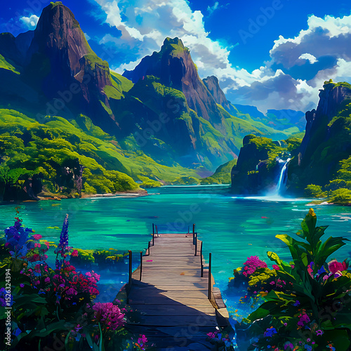 Breathtaking Turquoise Lagoon Lush Mountains, Tranquil Waters, Scenic Escape