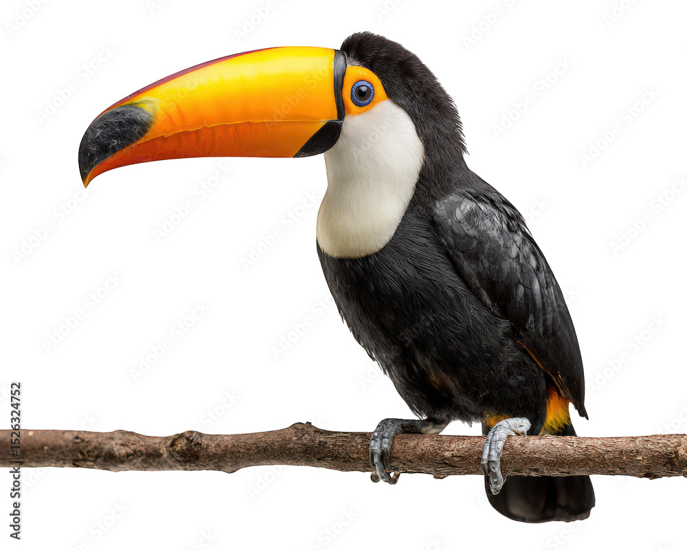 Obraz premium Vibrant toucan perched on branch, showcasing its striking yellow and black beak. This colorful bird is known for its unique appearance and playful demeanor, making it captivating subject