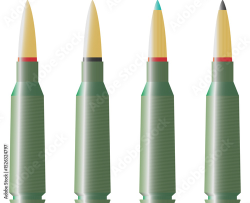 Set of 5.45 caliber ammunition icons, regular, tracer and armor-piercing bullets.