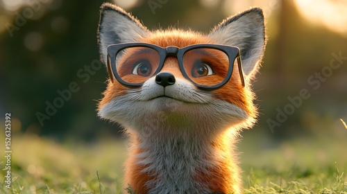 Clever fox wearing stylish glasses in a playful pose glancing at the camera with natural background