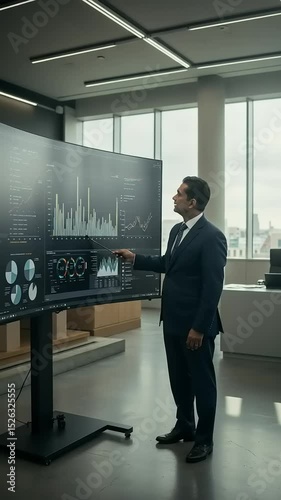 Business professional analyzing data on a large screen