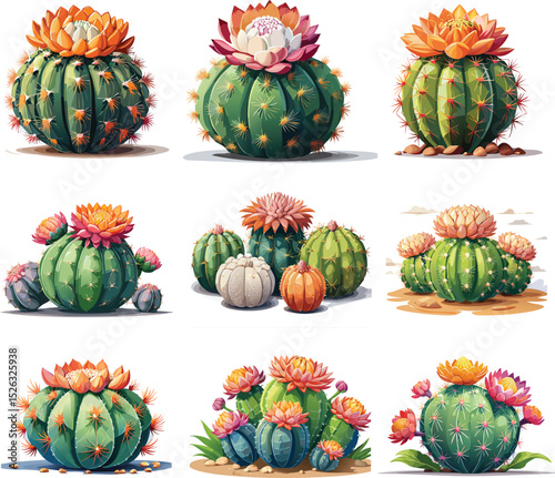 Gymnocalycium Cactus Set Vector – Round Succulent Plant with Spines and Flowers Illustration