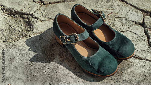 Teal suede mary jane shoes on cracked concrete in sunlight photo