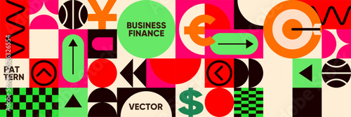 Bold geometric vector mosaic featuring finance symbols, arrows, and abstract elements with a pop color scheme for business design.