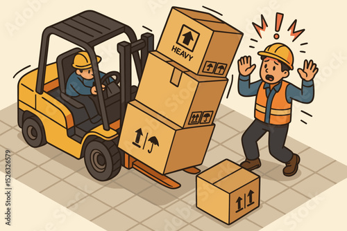 Forklift accident with falling boxes. Warehouse worker in danger from overloaded lift truck. Workplace safety hazard, industrial risk, and logistics failure concept illustration.