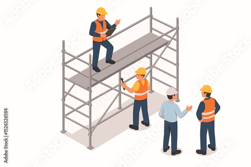 Isometric construction site with workers, engineer, and scaffolding. Builders team discussing project plan. Safety inspection and building process vector illustration concept.