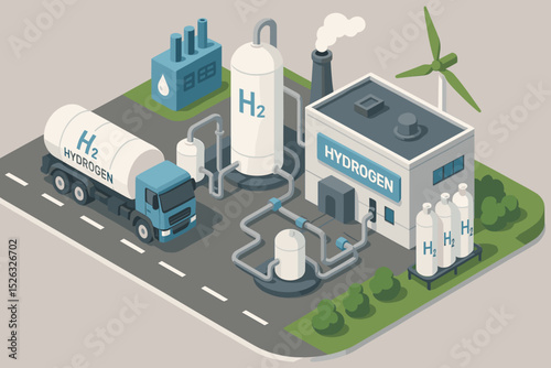 Hydrogen energy infrastructure for clean, renewable power. Isometric vector of a green H2 production plant, factory, storage tanks, and transport truck. Sustainable technology.