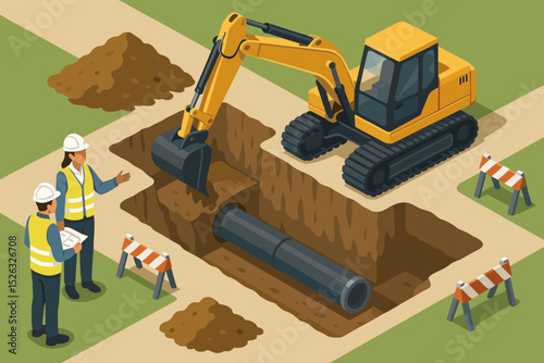 Construction site pipeline project supervision. Isometric vector of engineers with excavator digging trench. Infrastructure development for water main or sewer system. Heavy machinery.