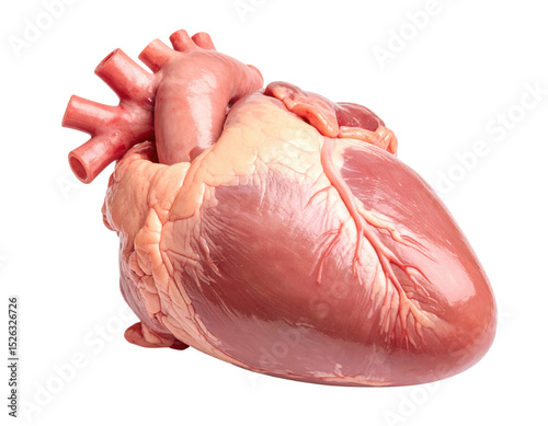 A detailed anatomical model of a human heart showing major arteries, veins, and muscle texture.